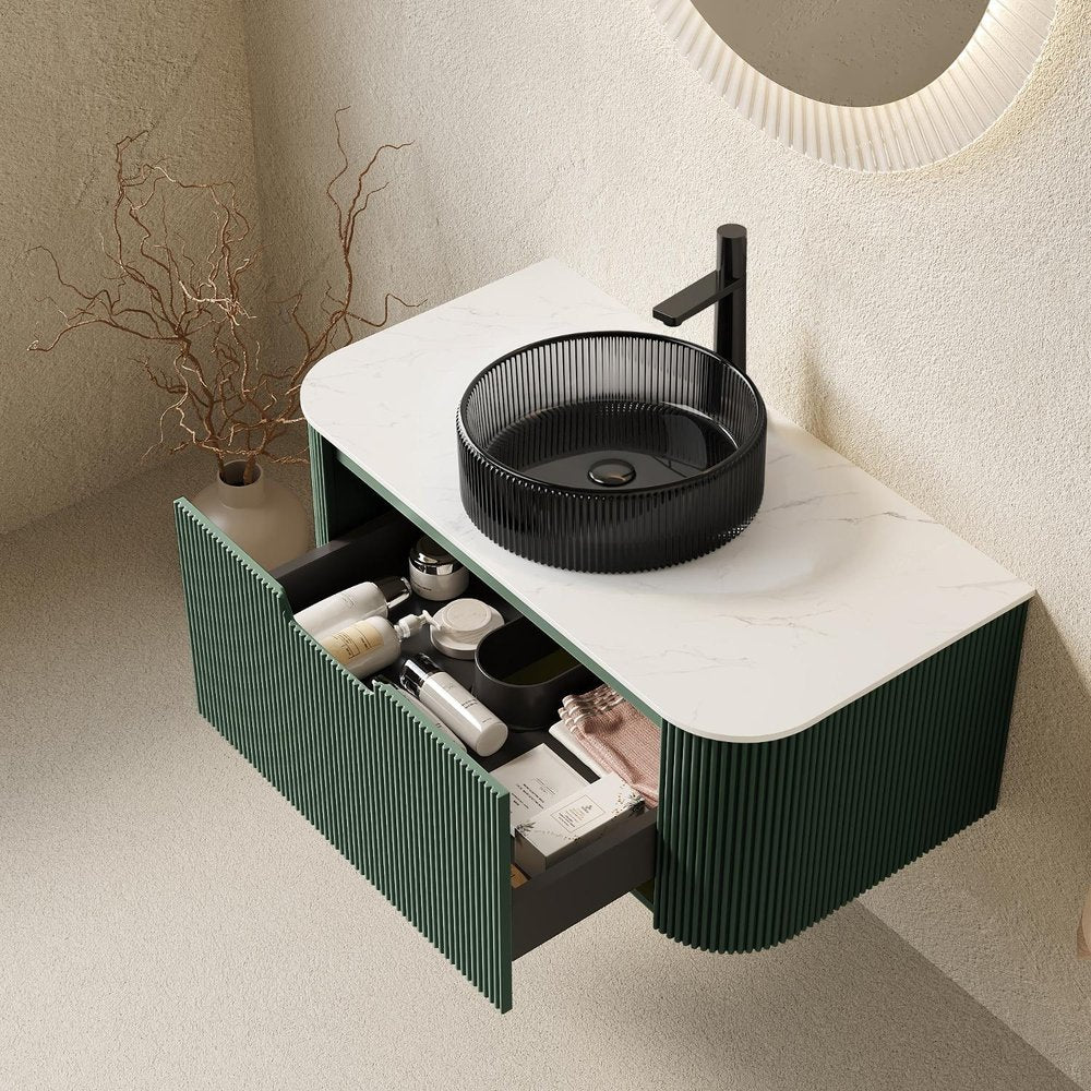 36" Green Wood Floating Bathroom Vanity With Black Sink