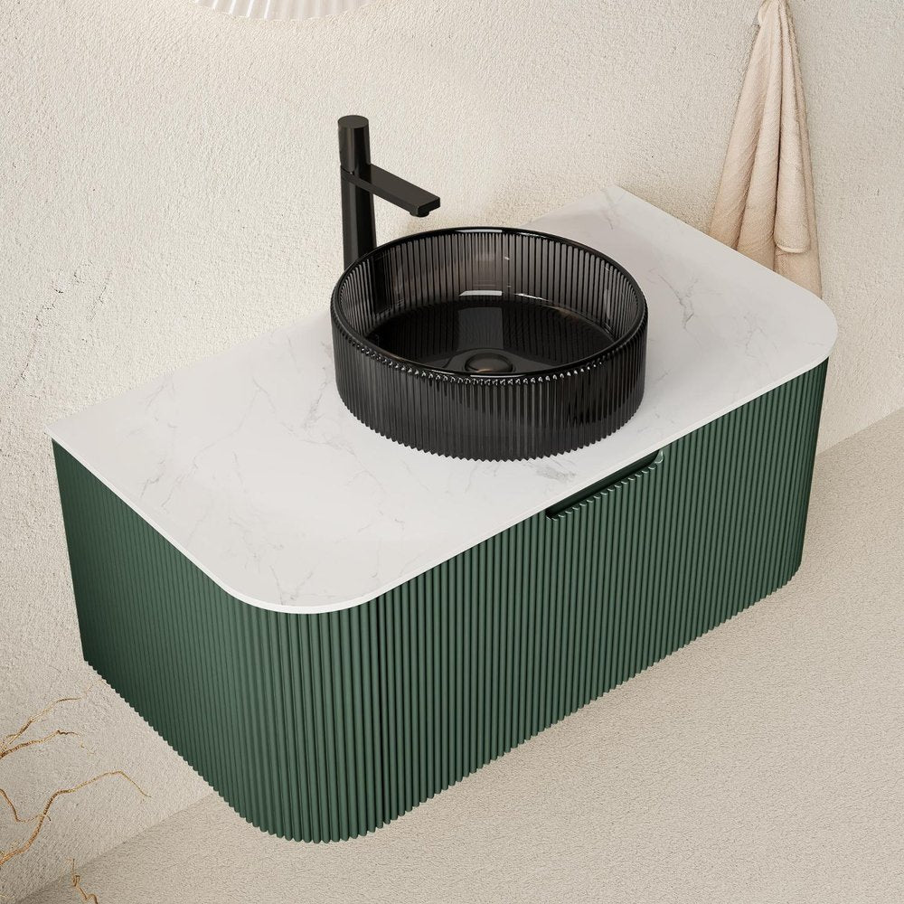36" Green Wood Floating Bathroom Vanity With Black Sink
