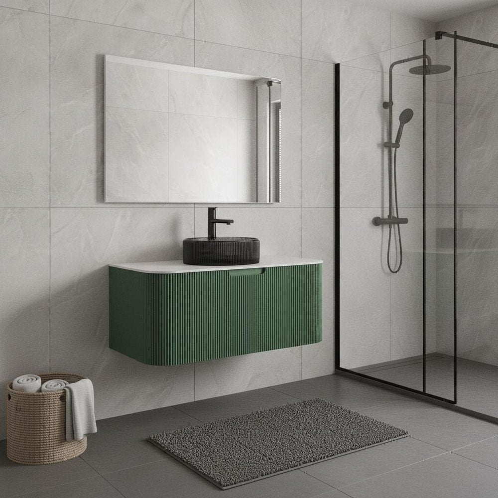 36" Green Wood Floating Bathroom Vanity With Black Sink