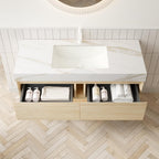 48" Brown Wood Floating Bathroom Vanity With White Sink And Two Drawers