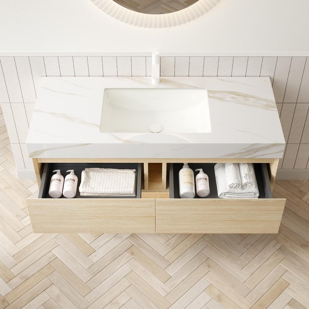 48" Brown Wood Floating Bathroom Vanity With White Sink And Two Drawers