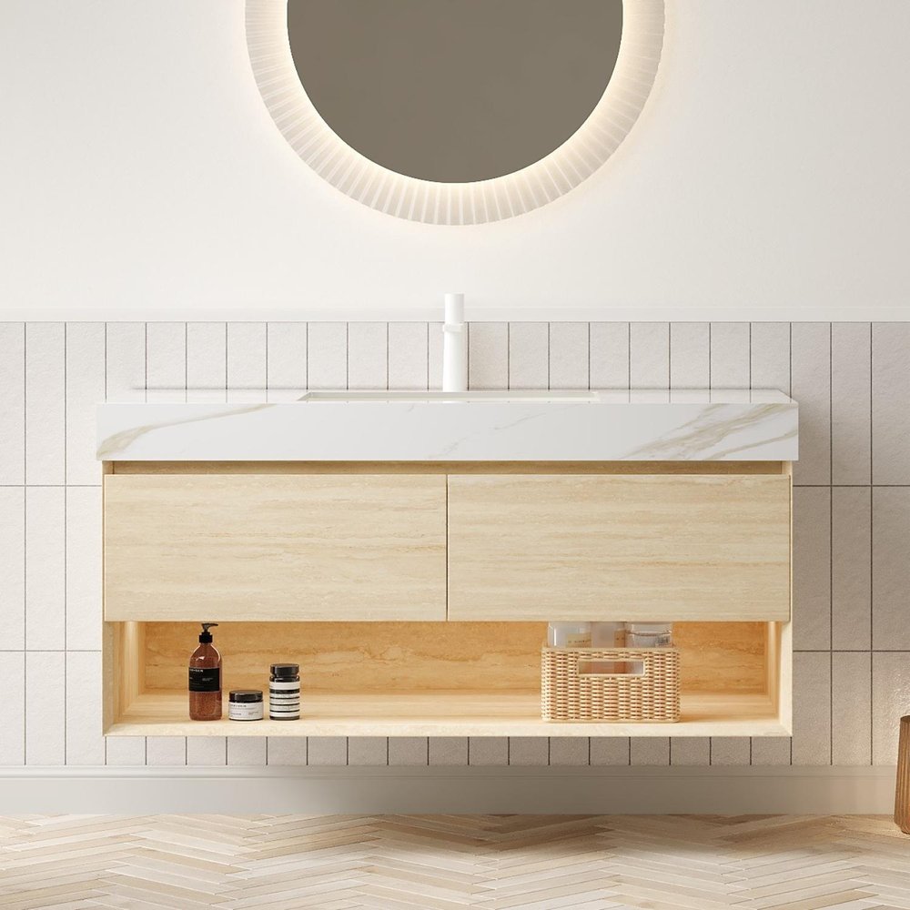 48" Brown Wood Floating Bathroom Vanity With White Sink And Two Drawers