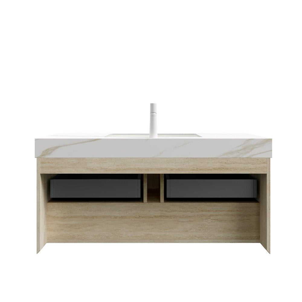 48" Brown Wood Floating Bathroom Vanity With White Sink And Two Drawers