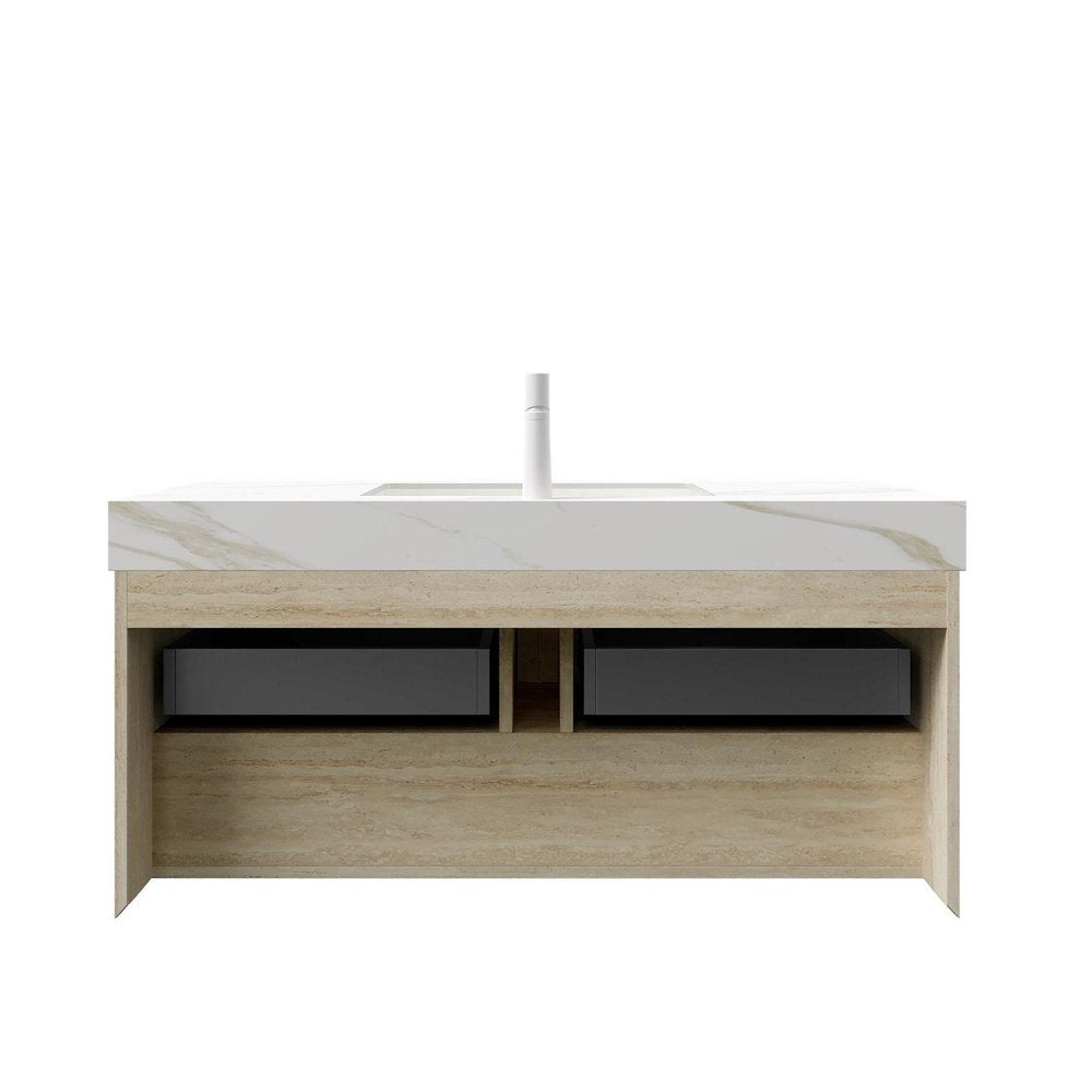 48" Brown Wood Floating Bathroom Vanity With White Sink And Two Drawers