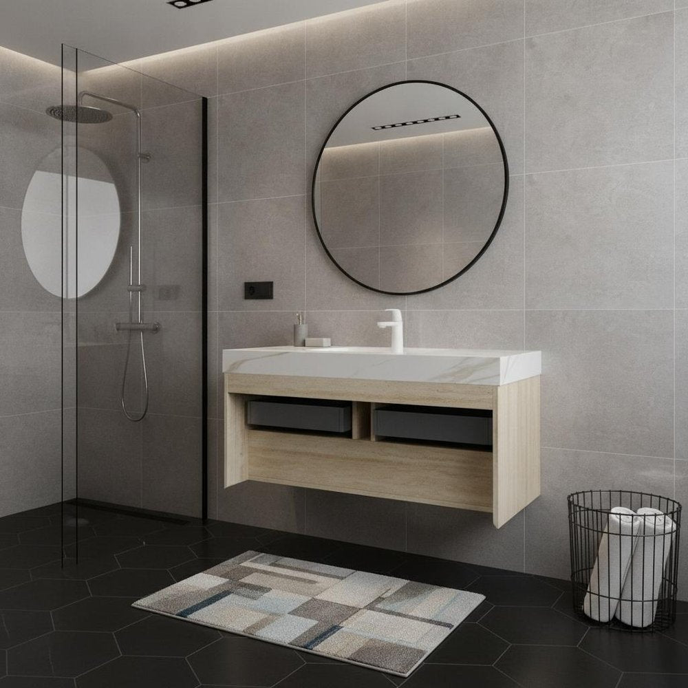 48" Brown Wood Floating Bathroom Vanity With White Sink And Two Drawers