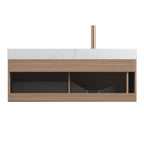 48" Brown Wood Floating Bathroom Vanity With White Sink And Two Drawers