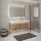48" Brown Wood Floating Bathroom Vanity With White Sink And Two Drawers