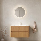 36" Brown Wood Floating Bathroom Vanity With White Sink And Two Drawers