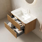 36" Brown Wood Floating Bathroom Vanity With White Sink And Two Drawers