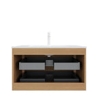 36" Brown Wood Floating Bathroom Vanity With White Sink And Two Drawers