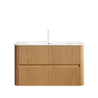 36" Brown Wood Floating Bathroom Vanity With White Sink And Two Drawers