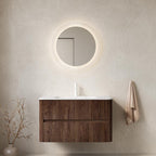 36" Brown Wood Floating Bathroom Vanity With White Sink And Two Drawers