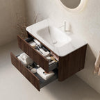 36" Brown Wood Floating Bathroom Vanity With White Sink And Two Drawers