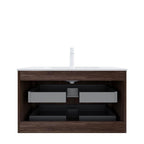 36" Brown Wood Floating Bathroom Vanity With White Sink And Two Drawers