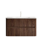 36" Brown Wood Floating Bathroom Vanity With White Sink And Two Drawers