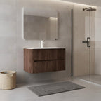 36" Brown Wood Floating Bathroom Vanity With White Sink And Two Drawers