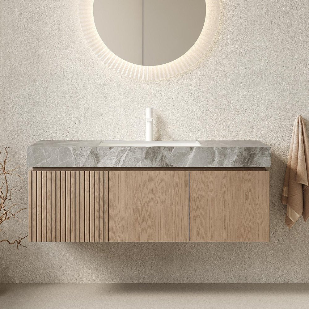48" Brown Wood Floating Double Door Bathroom Vanity With White Sink