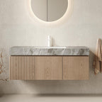 48" Brown Wood Floating Double Door Bathroom Vanity With White Sink