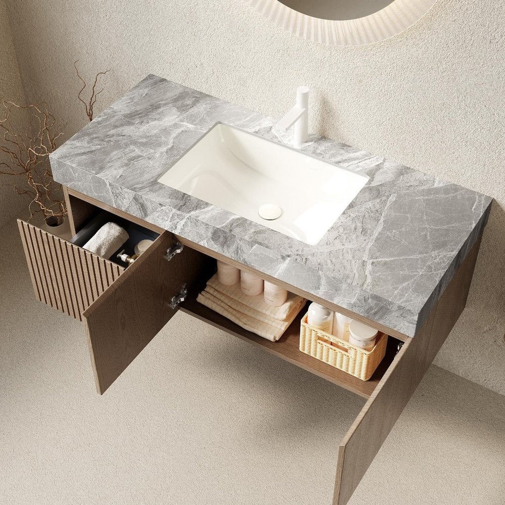 48" Brown Wood Floating Double Door Bathroom Vanity With White Sink