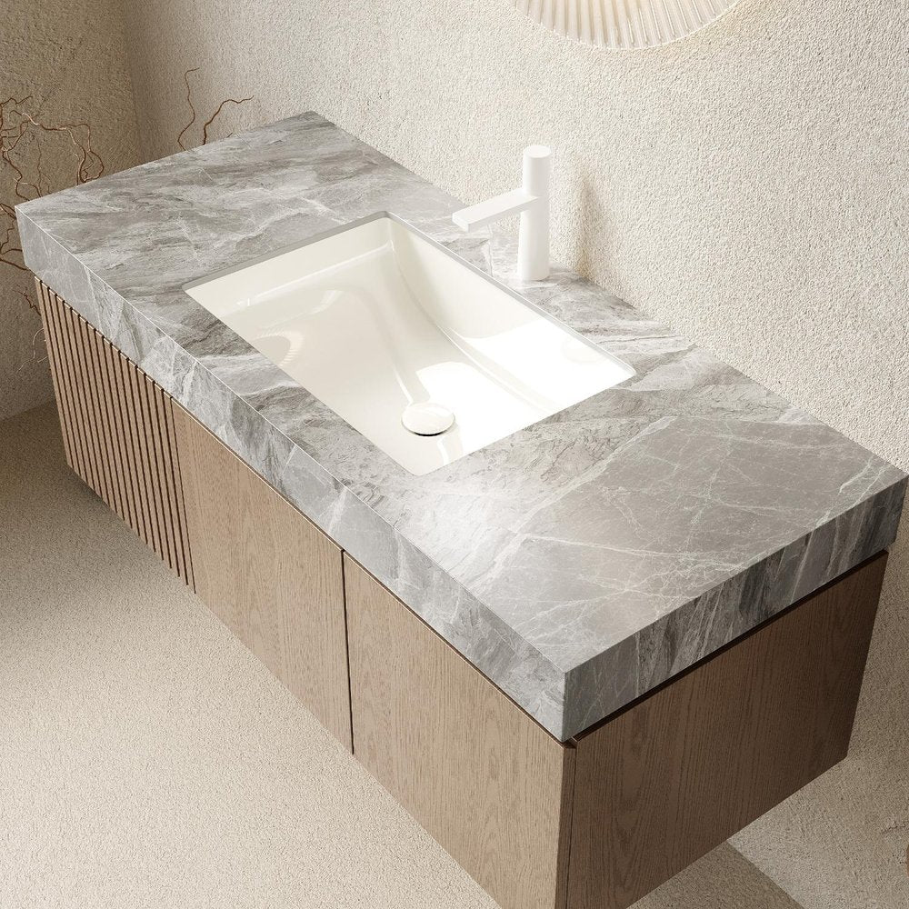 48" Brown Wood Floating Double Door Bathroom Vanity With White Sink