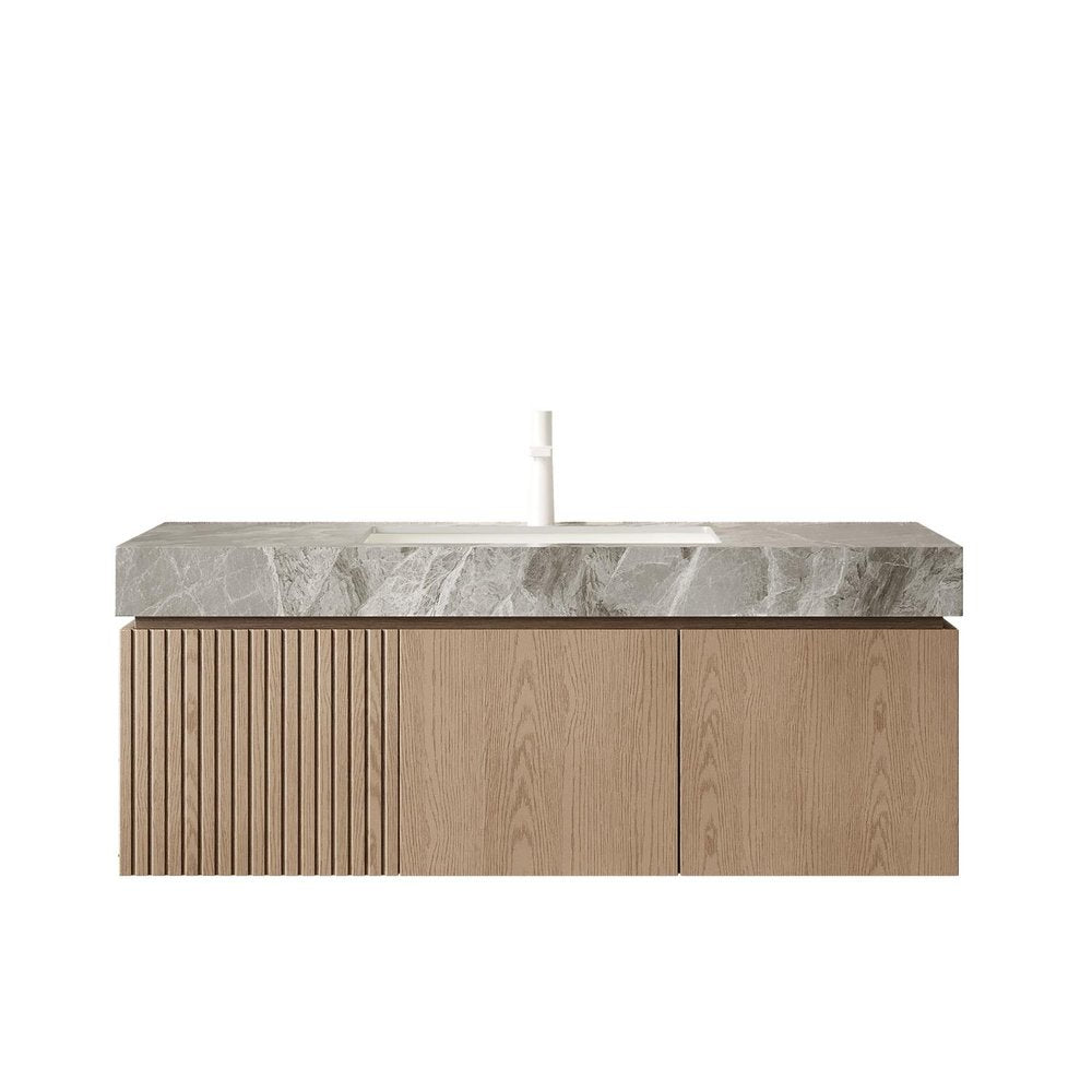 48" Brown Wood Floating Double Door Bathroom Vanity With White Sink