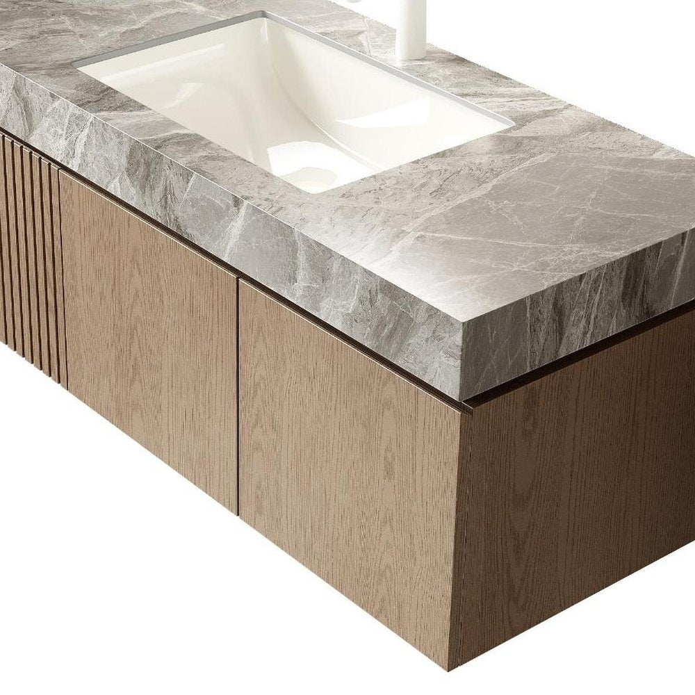 48" Brown Wood Floating Double Door Bathroom Vanity With White Sink