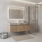 48" Brown Wood Floating Double Door Bathroom Vanity With White Sink