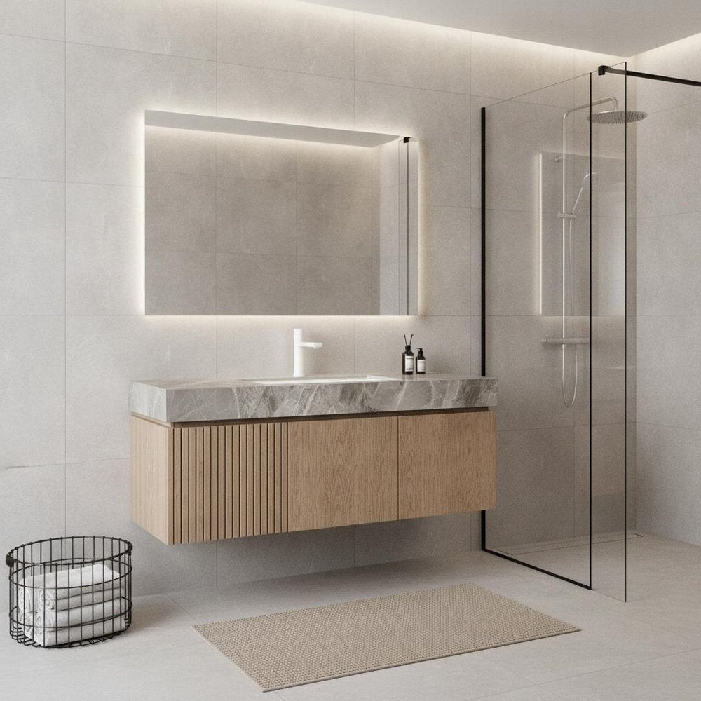 48" Brown Wood Floating Double Door Bathroom Vanity With White Sink