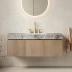 48" Brown Wood Floating Double Door Bathroom Vanity With White Sink