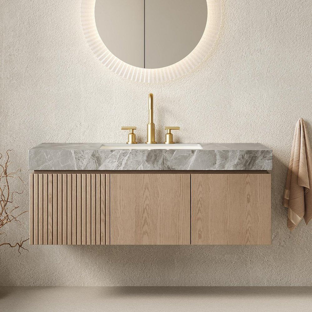 48" Brown Wood Floating Double Door Bathroom Vanity With White Sink