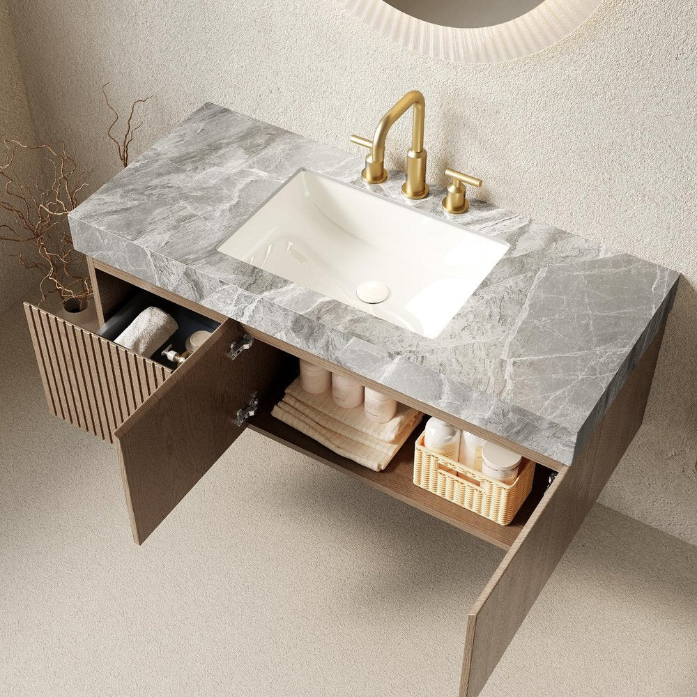 48" Brown Wood Floating Double Door Bathroom Vanity With White Sink