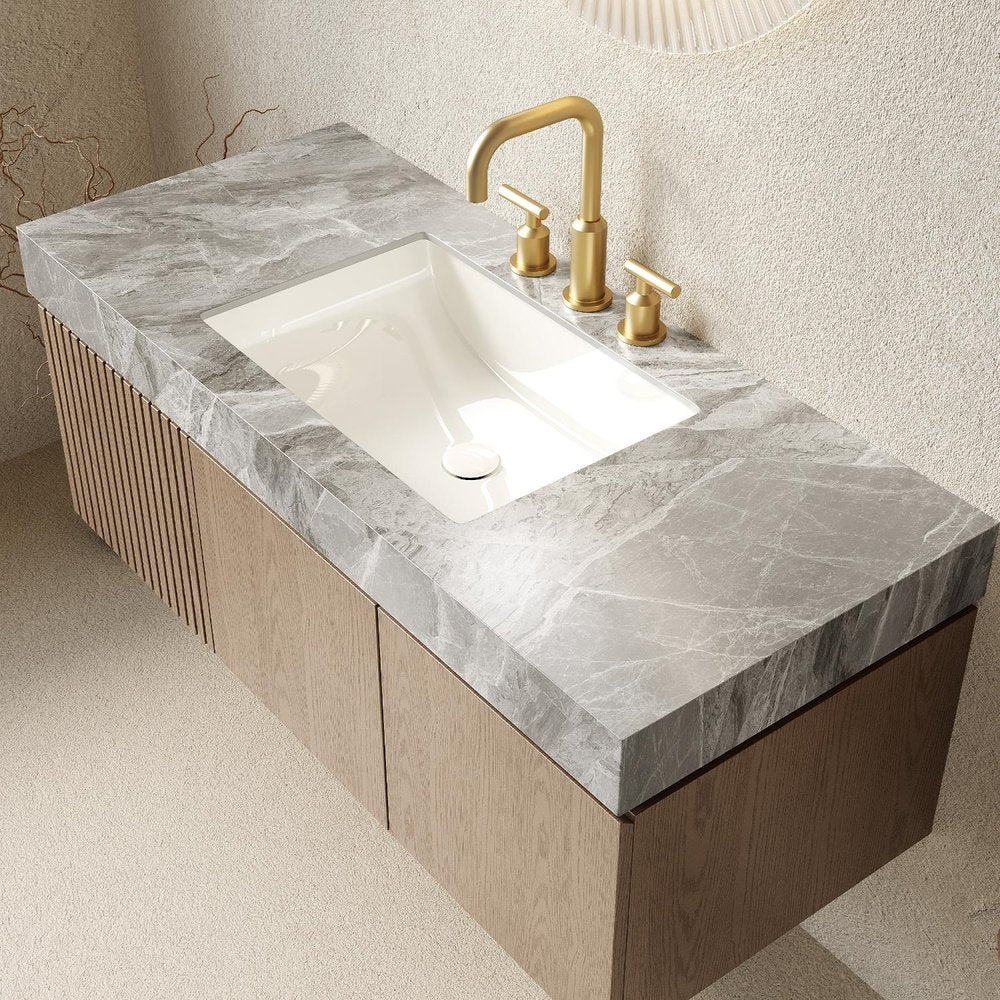 48" Brown Wood Floating Double Door Bathroom Vanity With White Sink