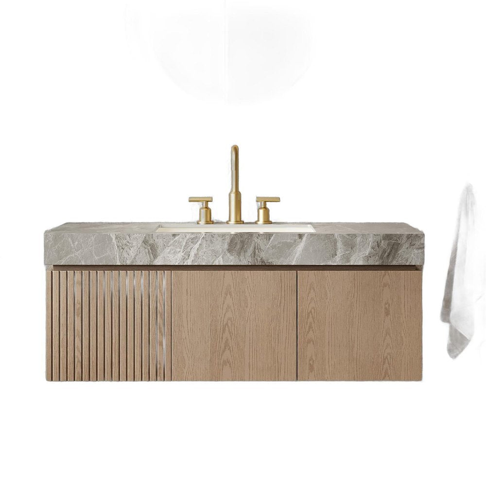 48" Brown Wood Floating Double Door Bathroom Vanity With White Sink