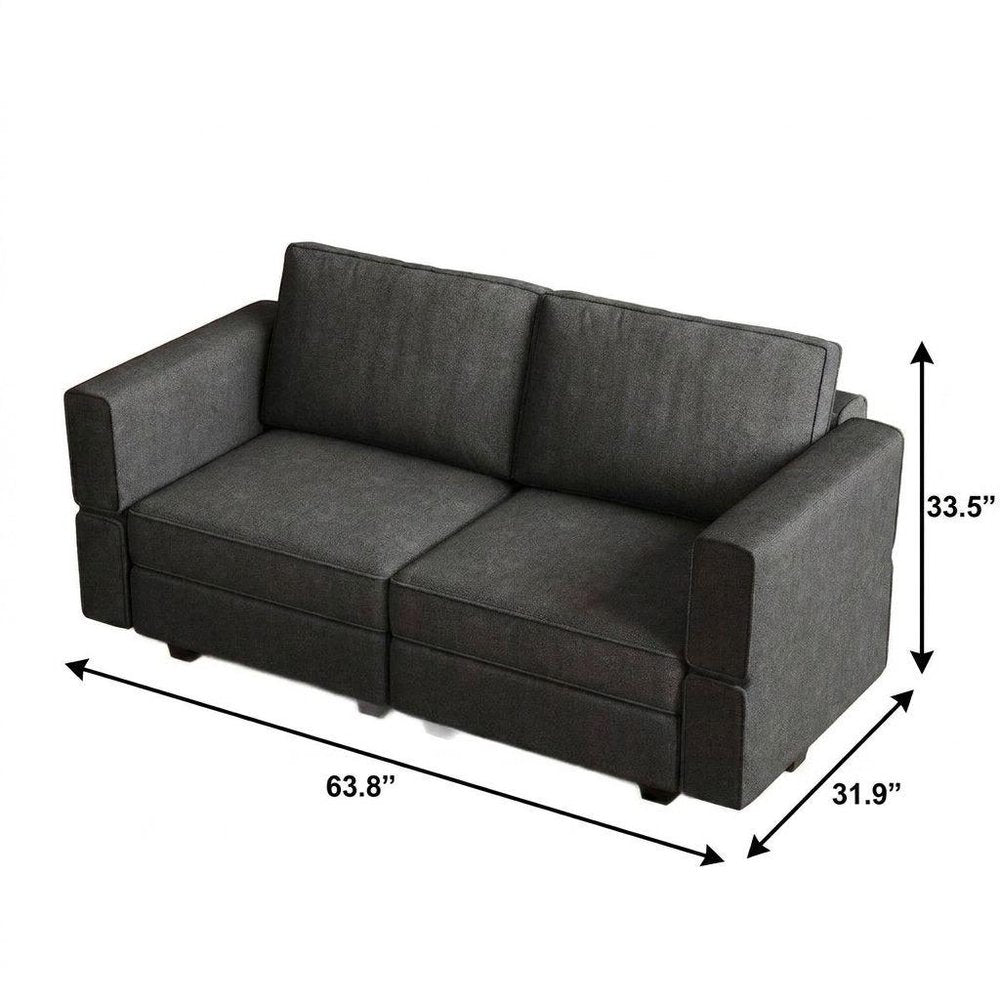 64" Dark Gray And Black Chenille Modular Loveseat With Storage