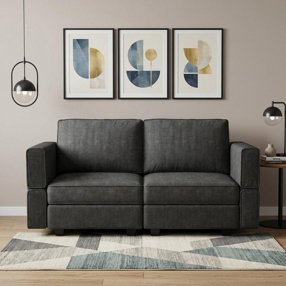 64" Dark Gray And Black Chenille Modular Loveseat With Storage