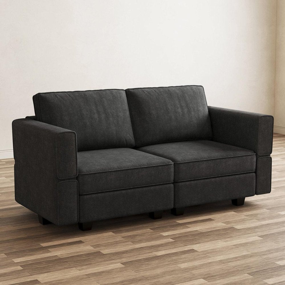 64" Dark Gray And Black Chenille Modular Loveseat With Storage