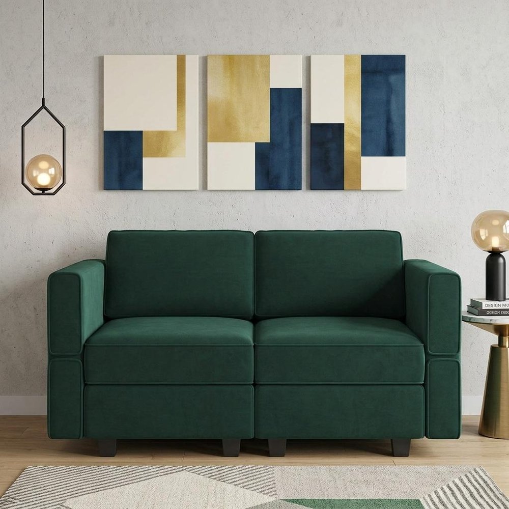 64" Green And Black Velvet Modular Loveseat With Storage