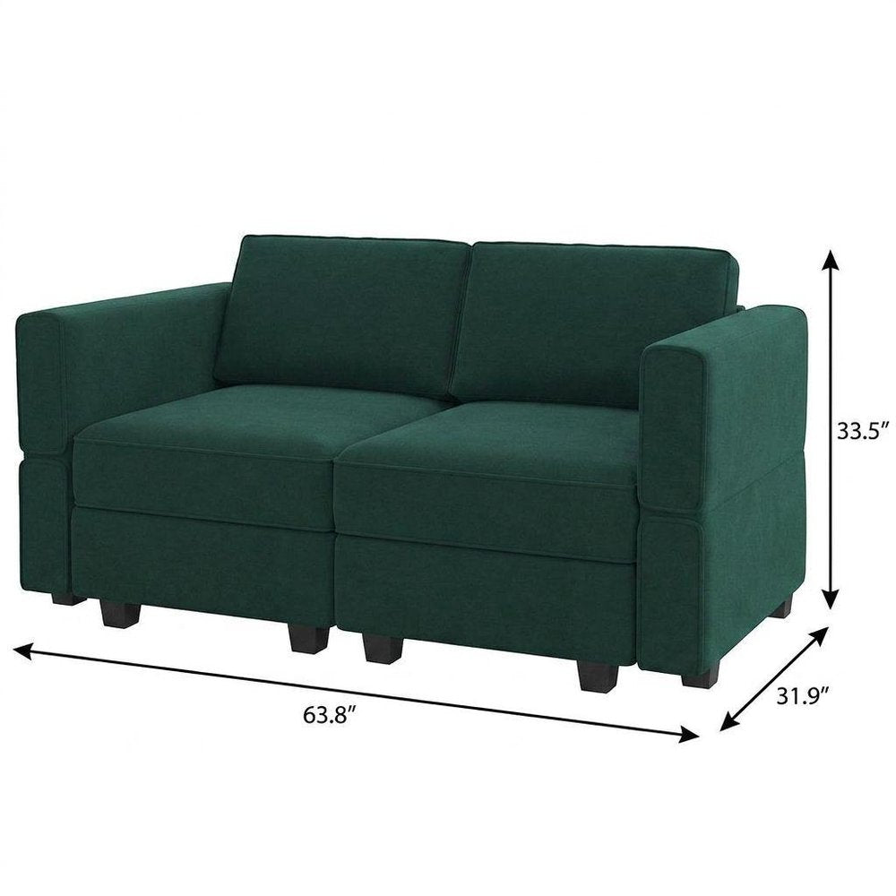 64" Green And Black Velvet Modular Loveseat With Storage