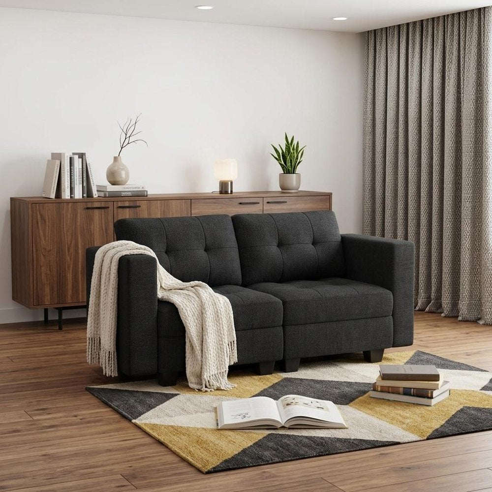 64" Dark Gray And Black Linen Blend Modular Loveseat With Storage
