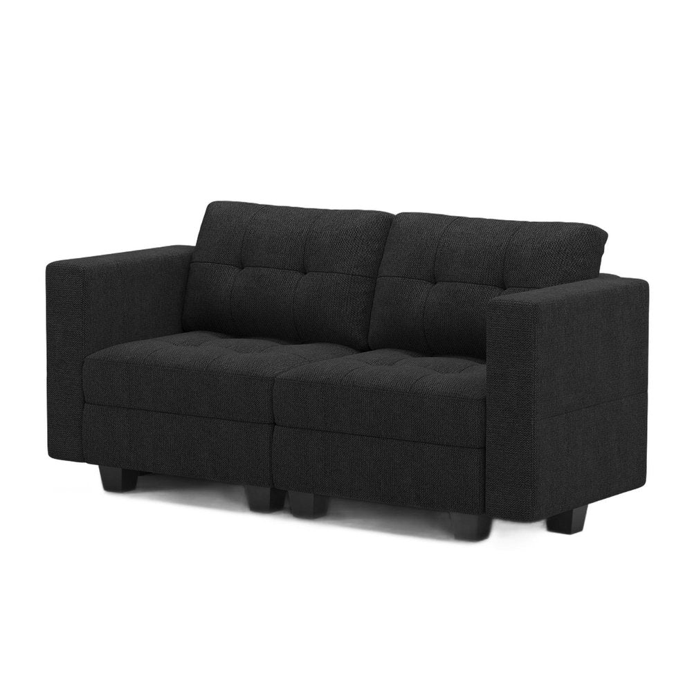 64" Dark Gray And Black Linen Blend Modular Loveseat With Storage