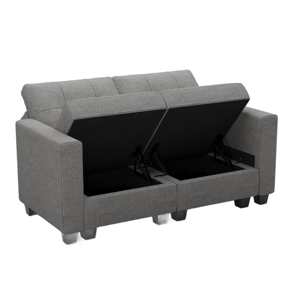 64" Dark Gray And Black Linen Blend Modular Loveseat With Storage
