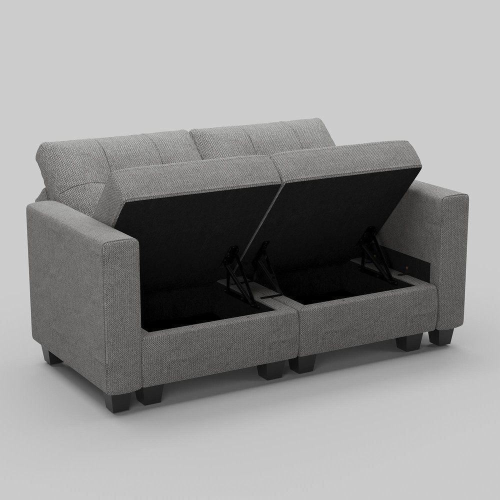 64" Dark Gray And Black Linen Blend Modular Loveseat With Storage