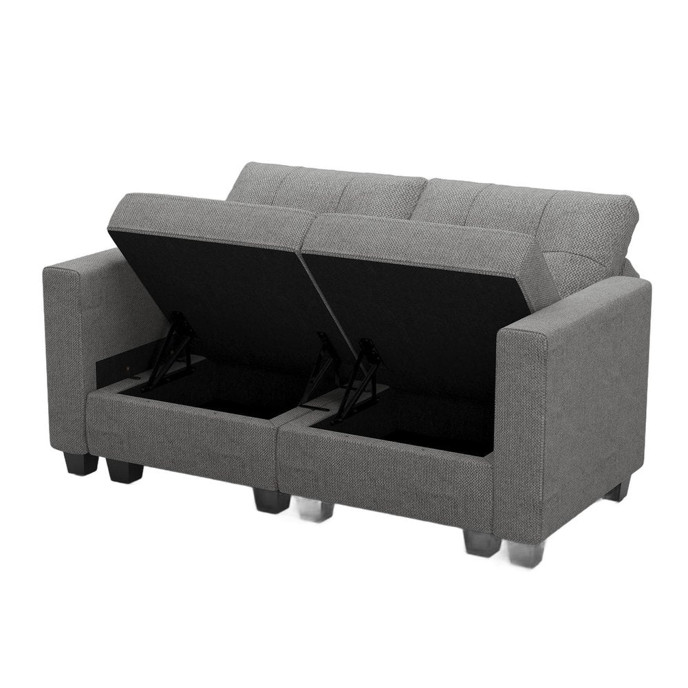 64" Dark Gray And Black Linen Blend Modular Loveseat With Storage