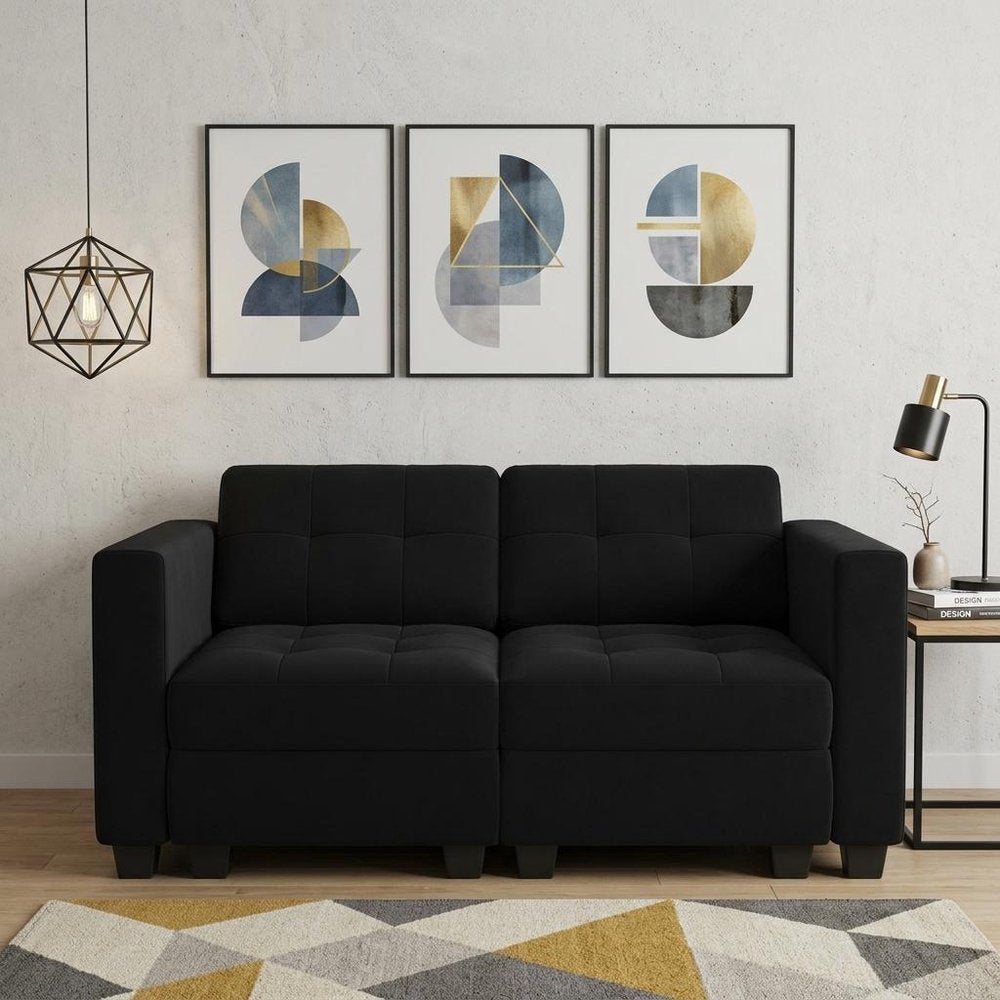 64" Black Velvet Modular Loveseat With Storage