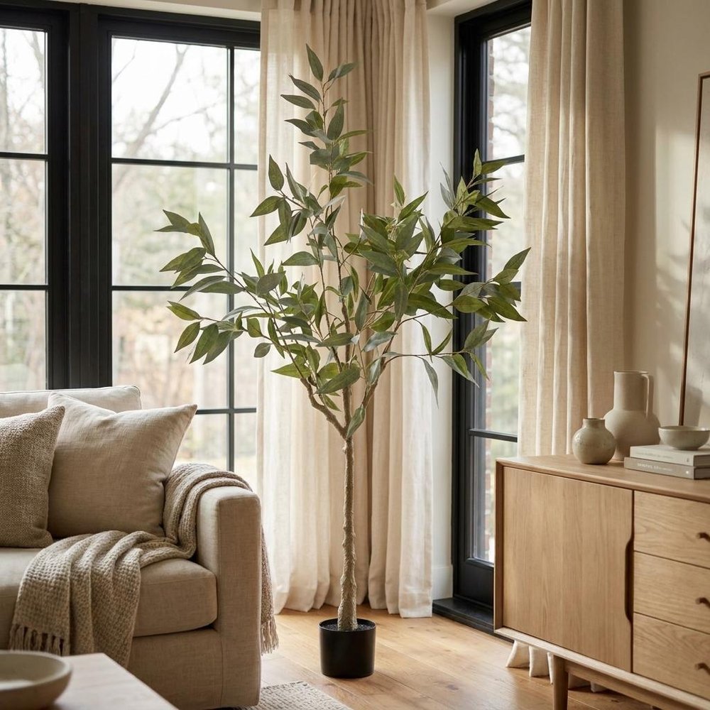 60" Green Artificial Eucalyptus Tree In Round Black Pot