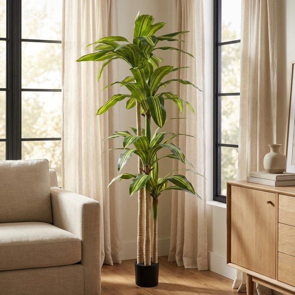 72" Green Artificial Dracaena Tree In Round Black Pot