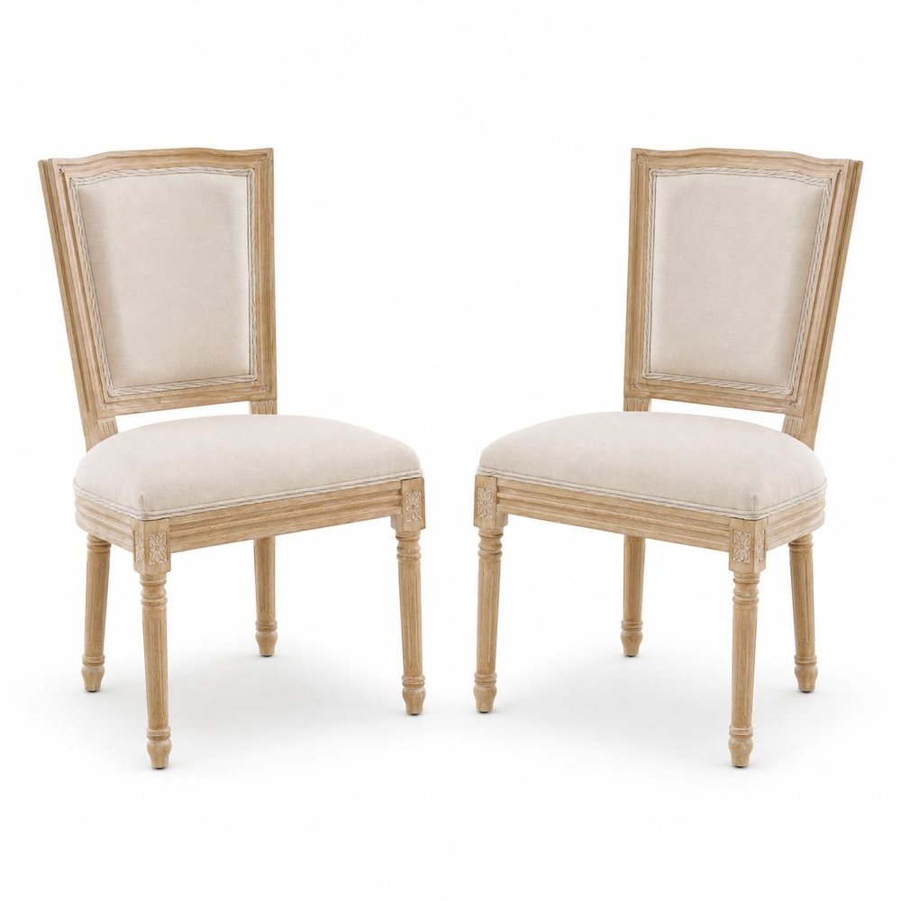 Set of Two Beige And Natural Linen And Solid Wood Dining Side Chairs