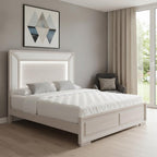 Beige Wood And Upholstery Lighted Upholstered Full Bed Frame