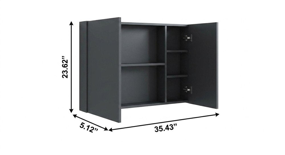 5" Black Glass Wall Mounted No Textural Detailing Double Door Medicine Cabinet