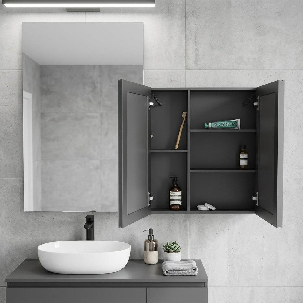 5" Black Glass Wall Mounted No Textural Detailing Double Door Medicine Cabinet